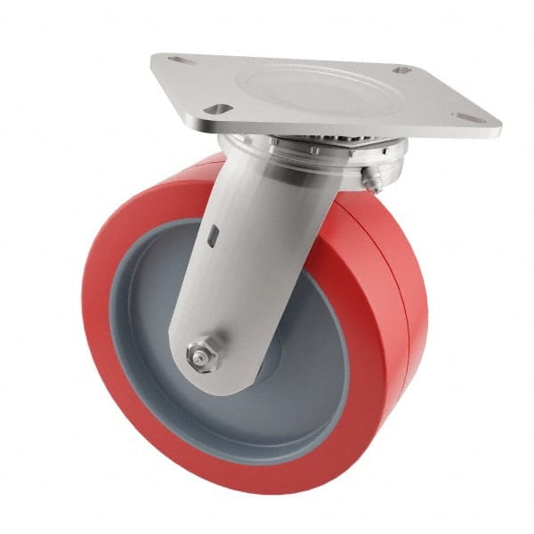 E.R. Wagner - 6" Diam x 2" Wide x 7-1/2" OAH Top Plate Mount Swivel Caster - Polyurethane, 900 Lb Capacity, Roller Bearing, 4 x 4-1/2" Plate - Exact Tooling