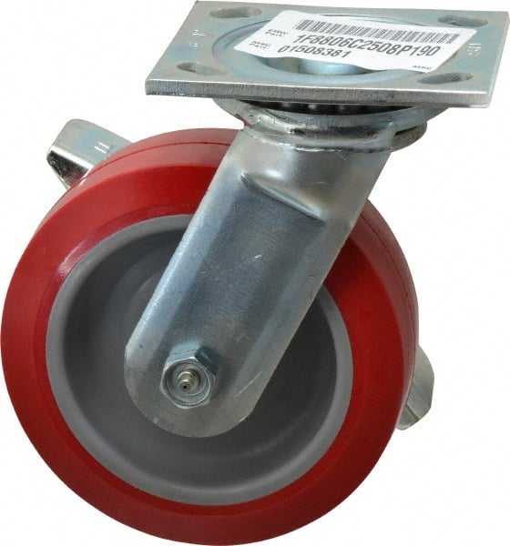 E.R. Wagner - 6" Diam x 2" Wide x 7-1/2" OAH Top Plate Mount Swivel Caster with Brake - Polyurethane, 900 Lb Capacity, Roller Bearing, 4 x 4-1/2" Plate - Exact Tooling