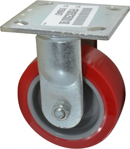 E.R. Wagner - 5" Diam x 2" Wide x 6-1/2" OAH Top Plate Mount Rigid Caster - Polyurethane, 750 Lb Capacity, Roller Bearing, 4 x 4-1/2" Plate - Exact Tooling