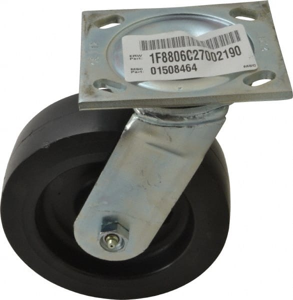 E.R. Wagner - 6" Diam x 2" Wide x 7-1/2" OAH Top Plate Mount Swivel Caster with Brake - Polyolefin, 640 Lb Capacity, Roller Bearing, 4 x 4-1/2" Plate - Exact Tooling