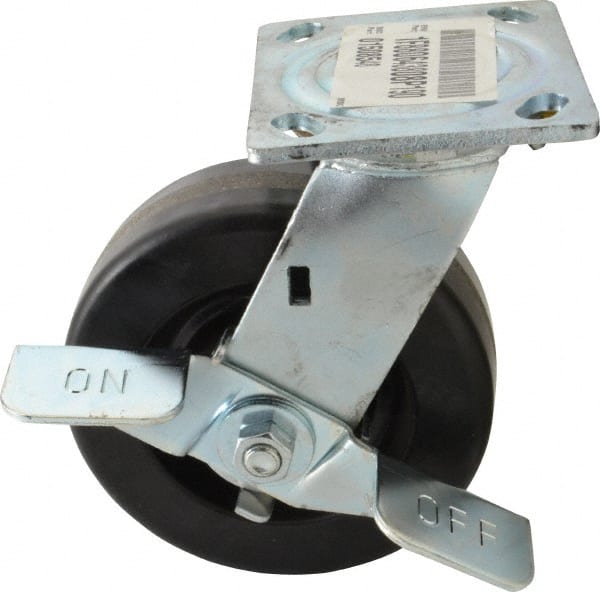 E.R. Wagner - 6" Diam x 2" Wide x 7-1/2" OAH Top Plate Mount Swivel Caster with Brake - Phenolic, 1,200 Lb Capacity, Roller Bearing, 4 x 4-1/2" Plate - Exact Tooling