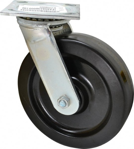 E.R. Wagner - 8" Diam x 2" Wide x 9-1/2" OAH Top Plate Mount Swivel Caster - Phenolic, 1,200 Lb Capacity, Roller Bearing, 4 x 4-1/2" Plate - Exact Tooling