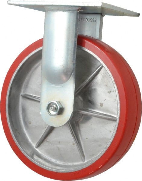 E.R. Wagner - 8" Diam x 2" Wide x 9-1/2" OAH Top Plate Mount Rigid Caster - Polyurethane, 1,200 Lb Capacity, Roller Bearing, 5 x 5-1/2" Plate - Exact Tooling