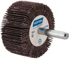 Norton - 2" Diam x 1" Face Width, Medium Aluminum Oxide Coated Mounted Flap Wheel - 1/4" Shank Mount, 80 Grit, Cloth Backing, 23,000 Max RPM - Exact Tooling