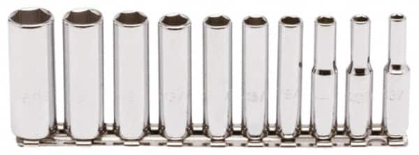 Proto - 10 Piece 1/4" Drive Chrome Finish Deep Well Socket Set - 6 Points, 3/16" to 9/16" Range, Inch Measurement Standard - Exact Tooling