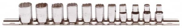 Proto - 11 Piece 1/4" Drive Chrome Finish Socket Set - 12 Points, 5mm to 14mm Range, Metric Measurement Standard - Exact Tooling