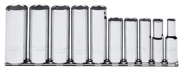 Proto - 10 Piece 3/8" Drive Chrome Finish Deep Well Socket Set - 6 Points, 5/16" to 7/8" Range, Inch Measurement Standard - Exact Tooling