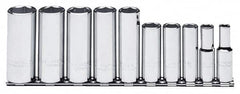 Proto - 10 Piece 3/8" Drive Chrome Finish Deep Well Socket Set - 6 Points, 5/16" to 7/8" Range, Inch Measurement Standard - Exact Tooling