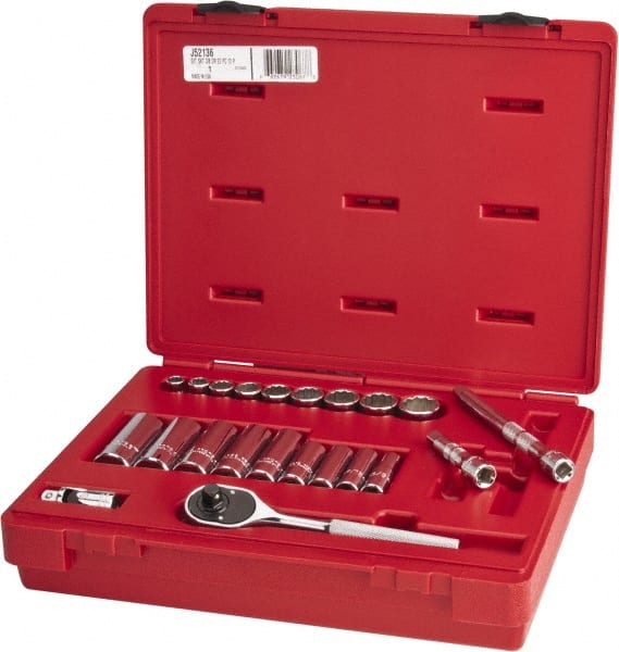 Proto - 22 Piece 3/8" Drive Chrome Finish Deep Well Socket Set - 12 Points, 3/8" to 7/8" Range, Inch Measurement Standard - Exact Tooling