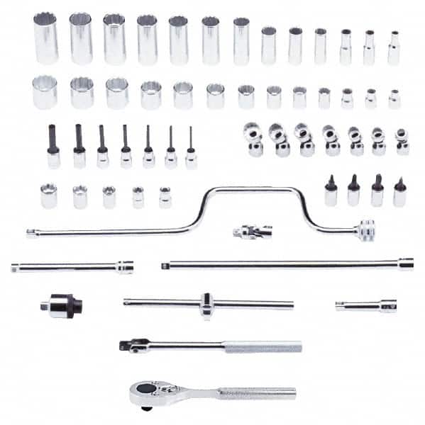 Proto - 58 Piece 3/8" Drive Chrome Finish Deep Well Socket Set - 12 Points, 1/4" to 1" Range, Inch Measurement Standard - Exact Tooling