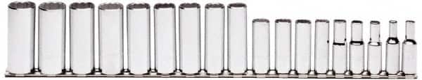 Proto - 18 Piece 3/8" Drive Chrome Finish Deep Well Socket Set - 12 Points, 6mm to 23mm Range, Metric Measurement Standard - Exact Tooling