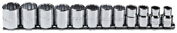 Proto - 12 Piece 3/8" Drive Chrome Finish Socket Set - 12 Points, 8mm to 19mm Range, Metric Measurement Standard - Exact Tooling