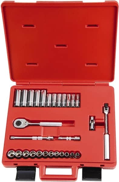 Proto - 29 Piece 3/8" Drive Chrome Finish Deep Well Socket Set - 6 Points, 8mm to 19mm Range, Metric Measurement Standard - Exact Tooling
