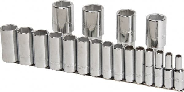 Proto - 19 Piece 1/2" Drive Chrome Finish Deep Well Socket Set - 6 Points, 3/8" to 1-1/2" Range, Inch Measurement Standard - Exact Tooling
