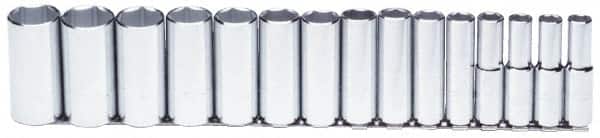 Proto - 15 Piece 1/2" Drive Chrome Finish Deep Well Socket Set - 6 Points, 5/16" to 1-1/4" Range, Inch Measurement Standard - Exact Tooling