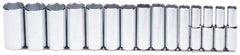 Proto - 15 Piece 1/2" Drive Chrome Finish Deep Well Socket Set - 6 Points, 5/16" to 1-1/4" Range, Inch Measurement Standard - Exact Tooling