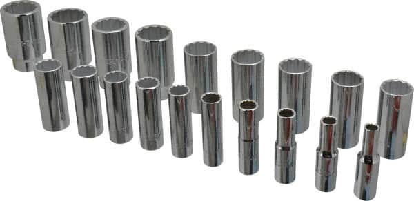 Proto - 19 Piece 1/2" Drive Chrome Finish Deep Well Socket Set - 12 Points, 3/8" to 1-1/2" Range, Inch Measurement Standard - Exact Tooling