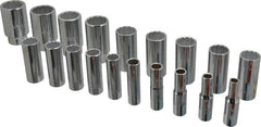 Proto - 19 Piece 1/2" Drive Chrome Finish Deep Well Socket Set - 12 Points, 3/8" to 1-1/2" Range, Inch Measurement Standard - Exact Tooling