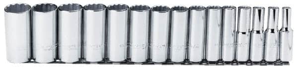 Proto - 15 Piece 1/2" Drive Chrome Finish Deep Well Socket Set - 12 Points, 3/8" to 1-1/4" Range, Inch Measurement Standard - Exact Tooling