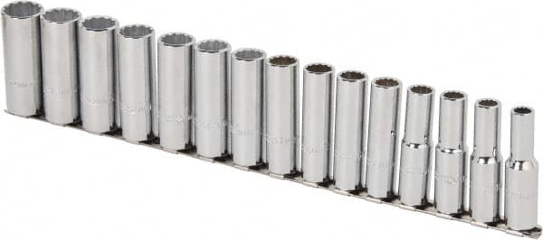 Proto - 15 Piece 1/2" Drive Chrome Finish Deep Well Socket Set - 12 Points, 10mm to 24mm Range, Metric Measurement Standard - Exact Tooling