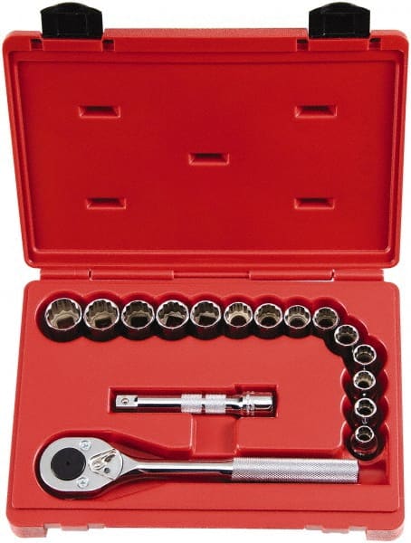 Proto - 16 Piece 1/2" Drive Chrome Finish Socket Set - 12 Points, 10mm to 23mm Range, Metric Measurement Standard - Exact Tooling