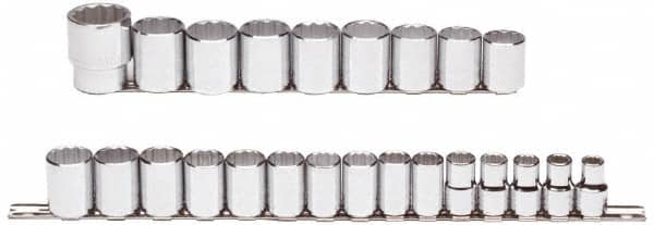 Proto - 24 Piece 1/2" Drive Chrome Finish Socket Set - 12 Points, 10mm to 36mm Range, Metric Measurement Standard - Exact Tooling