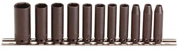 Proto - 11 Piece 1/4" Drive Black Finish Deep Well Impact Socket Set - 6 Points, 3/16" to 5/8" Range, Inch Measurement Standard - Exact Tooling