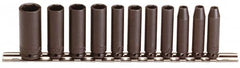 Proto - 11 Piece 1/4" Drive Black Finish Deep Well Impact Socket Set - 6 Points, 3/16" to 5/8" Range, Inch Measurement Standard - Exact Tooling