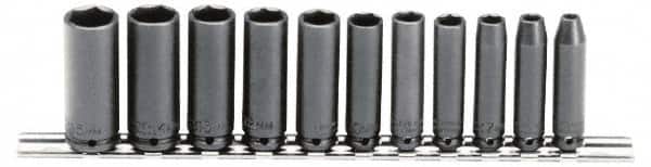 Proto - 11 Piece 1/4" Drive Black Finish Deep Well Impact Socket Set - 6 Points, 5mm to 15mm Range, Metric Measurement Standard - Exact Tooling