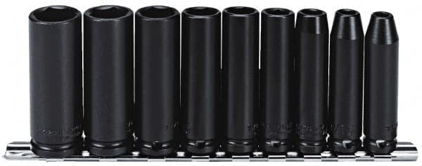 Proto - 9 Piece 3/8" Drive Black Finish Deep Well Impact Socket Set - 6 Points, 1/4" to 3/4" Range, Inch Measurement Standard - Exact Tooling