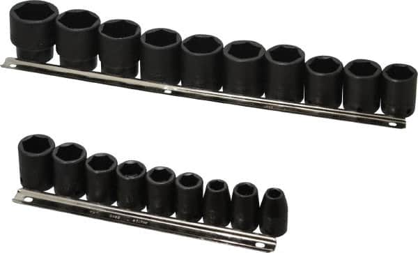 Proto - 19 Piece 1/2" Drive Black Finish Impact Socket Set - 6 Points, 3/8" to 1-1/2" Range, Inch Measurement Standard - Exact Tooling