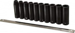 Proto - 10 Piece 1/2" Drive Black Finish Deep Well Impact Socket Set - 6 Points, 10mm to 19mm Range, Metric Measurement Standard - Exact Tooling