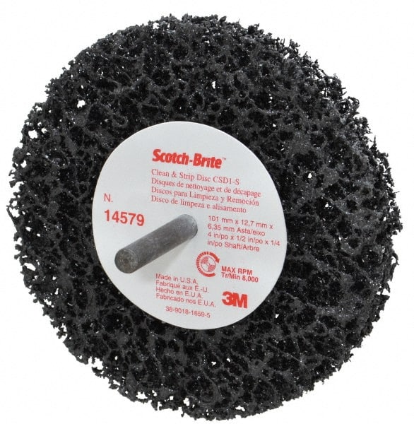 3M - 4" Very Coarse Grade Silicon Carbide Deburring Disc - 1/4" Shank Diam, 1/2" Center Hole, Shank Connection, Black, 8,000 Max RPM - Exact Tooling