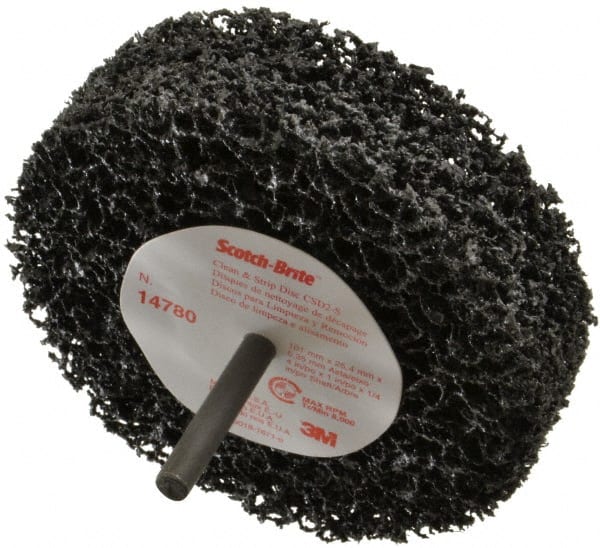 3M - 4" Very Coarse Grade Silicon Carbide Deburring Disc - 1/4" Shank Diam, 1" Center Hole, Shank Connection, Black, 8,000 Max RPM - Exact Tooling