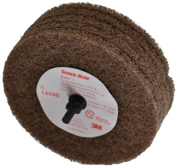 3M - 4" Medium Grade Aluminum Oxide Deburring Disc - 1/4" Shank Diam, Shank Connection, Tan, 6,000 Max RPM - Exact Tooling
