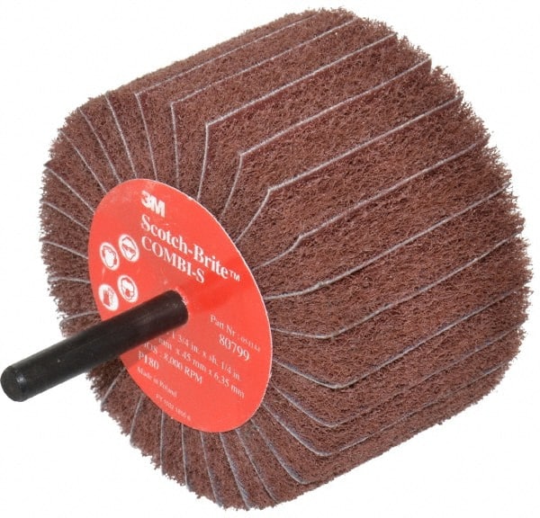 3M - 3" Diam x 1-3/4" Face Width, Very Fine Aluminum Oxide Coated Mounted Flap Wheel - 1/4" Shank Mount, 180 Grit, X Weighted Backing, 7,500 Max RPM - Exact Tooling
