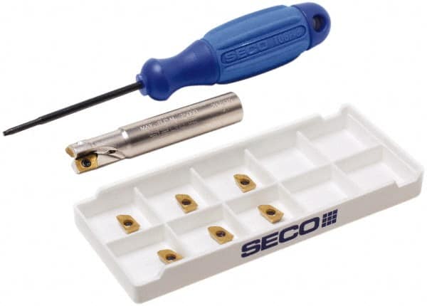 Seco - 3/8" Cut Diam, 0.197" Max Depth of Cut, 3/8" Shank Diam, 2.165" OAL, Indexable Square Shoulder End Mill - XO.X 0602 Inserts, Cylindrical Shank, 90° Lead Angle, Through Coolant, Series Nano Turbo - Exact Tooling