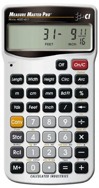 Calculated Industries - 11-Digit (7 normal, 4 Fractions) with Full Annunciators 30 Function Handheld Calculator - 5/8" x 2-1/2" (15.88mm x 63.5mm) Display Size, Silver, LR-44/A76 Powered, 7" Long x 5" Wide x 1" High - Exact Tooling