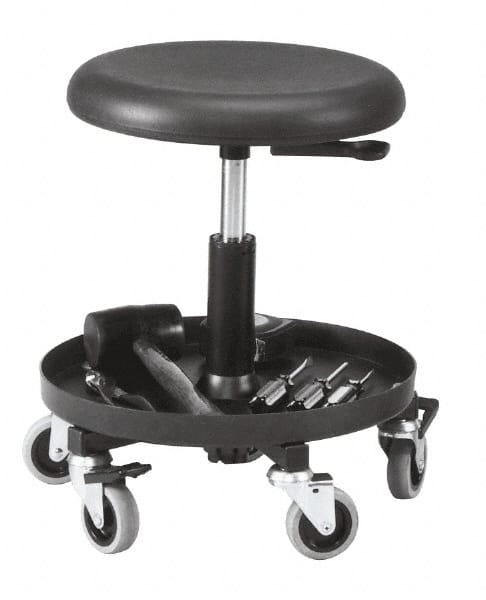 Bevco - 16 to 20-1/4" Hight Maintenance Repair Utility Stool with 16" Plastic Storage Tray - Polyurethane Seat, Black, Five 3" Rubber Wheel Casters - Exact Tooling