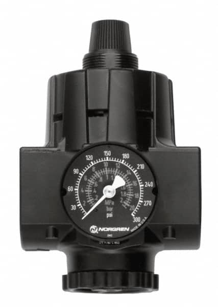 Norgren - 3/4 NPT Port, Zinc Hi-Flow Regulator - 10 to 125 psi Range, 300 Max psi Supply Pressure, 1/2" Gauge Port Thread, 2.91" Wide x 5.37" High - Exact Tooling