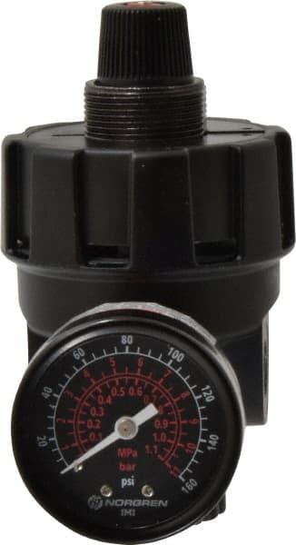 Norgren - 1/4 NPT Port, 200 CFM, Zinc Hi-Flow Regulator - 10 to 125 psi Range, 300 Max psi Supply Pressure, 1/4" Gauge Port Thread, 2.7" Wide x 4.83" High - Exact Tooling