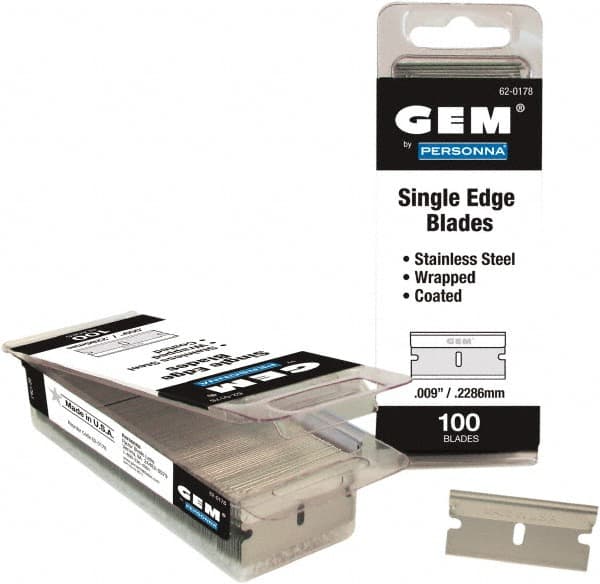 GEM - 100 Piece Stainless Steel Single Edge Blade - 1-1/2" OAL, 0.009" Blade Thickness - Exact Tooling