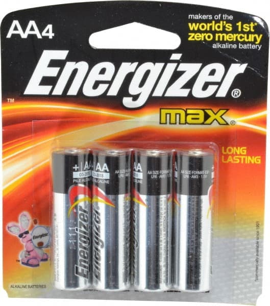 Energizer - Size AA, Alkaline, 4 Pack, Standard Battery - 1.5 Volts, Flat Terminal, LR6, ANSI, IEC Regulated - Exact Tooling