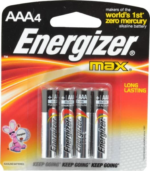 Energizer - Size AAA, Alkaline, 4 Pack, Standard Battery - 1.5 Volts, Button Tab Terminal, LR03, ANSI, IEC Regulated - Exact Tooling