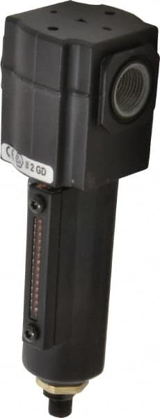 Norgren - 3/8" Port, 6.02" High x 1.98" Wide Compact Filter with Metal Bowl, Automatic Drain - 55 SCFM, 150 Max psi, 150°F Max Temp, Sight Glass Included, Modular Connection, 2.2 oz Bowl Capacity - Exact Tooling