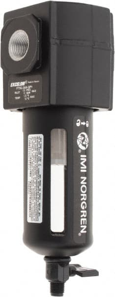 Norgren - 3/8" Port, 7.15" High x 2.68" Wide Intermediate Filter with Polycarbonate Bowl, Manual Drain - 65 SCFM, 150 Max psi, 125°F Max Temp, Modular Connection, Bowl Guard, 3.5 oz Bowl Capacity - Exact Tooling