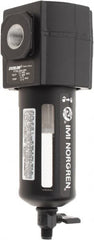 Norgren - 3/8" Port, 7.15" High x 2.68" Wide Intermediate Filter with Polycarbonate Bowl, Manual Drain - 65 SCFM, 150 Max psi, 125°F Max Temp, Modular Connection, Bowl Guard, 3.5 oz Bowl Capacity - Exact Tooling