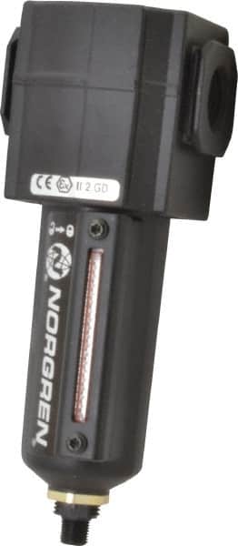 Norgren - 1/2" Port, 7.15" High x 2.68" Wide Intermediate Filter with Metal Bowl, Automatic Drain - 80 SCFM, 250 Max psi, 150°F Max Temp, Sight Glass Included, Modular Connection, 3.5 oz Bowl Capacity - Exact Tooling