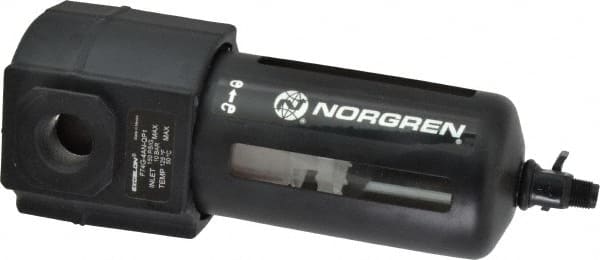 Norgren - 1/2" Port, 7.95" High x 3.15" Wide Standard Filter with Polycarbonate Bowl, Manual Drain - 140 SCFM, 150 Max psi, 125°F Max Temp, Modular Connection, Bowl Guard, 7 oz Bowl Capacity - Exact Tooling