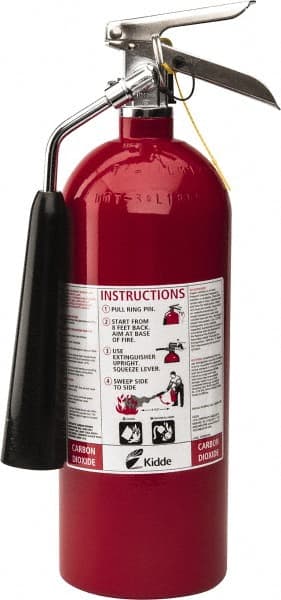Kidde - 5 Lb, 10-A:80-B:C Rated, Carbon Dioxide Fire Extinguisher - 5-1/4" Diam x 17" High, 850 psi, 8' Discharge in 9 sec, Rechargeable, Aluminum Cylinder - Exact Tooling